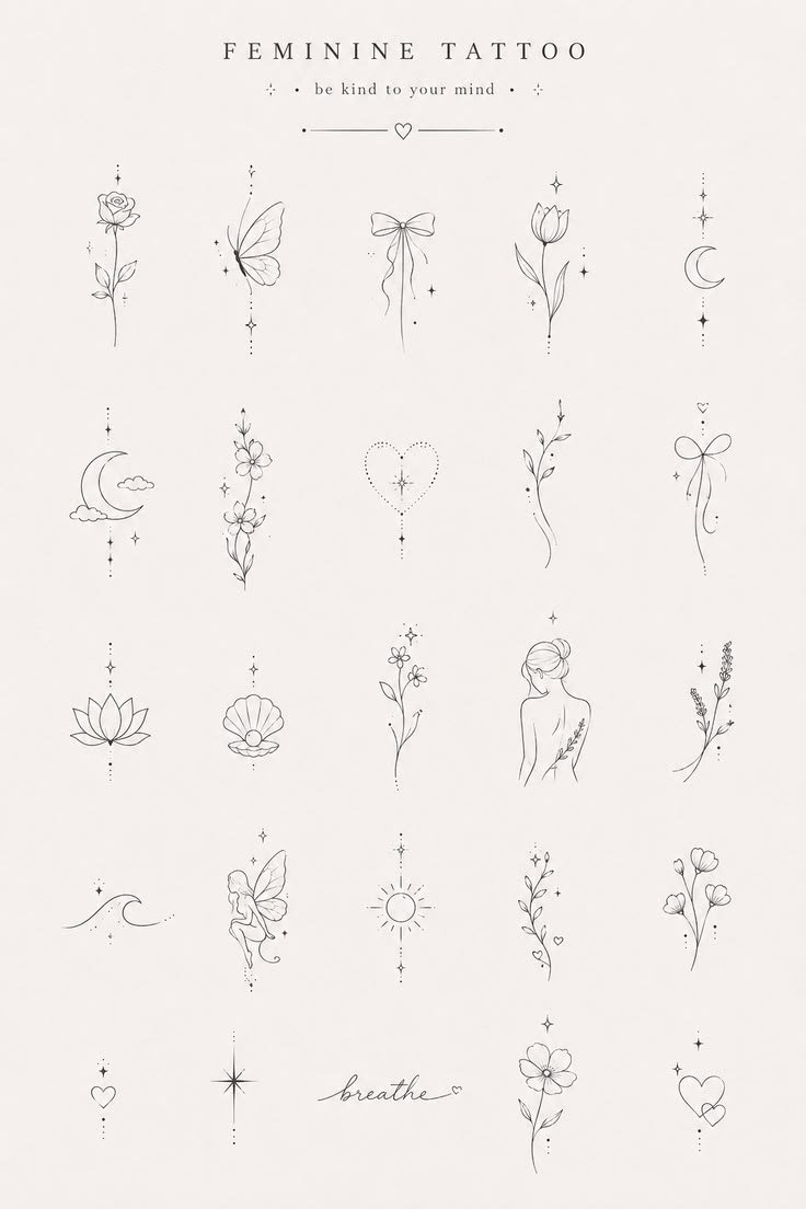 Feminine tattoo ideas featuring delicate flowers, butterflies, bows, moons and minimalist line-art designs
