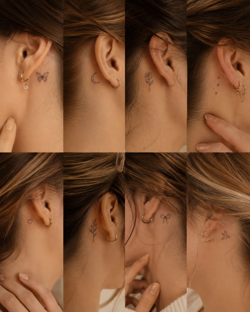 Delicate behind-the-ear minimalist tattoo ideas including butterflies, flowers and stars