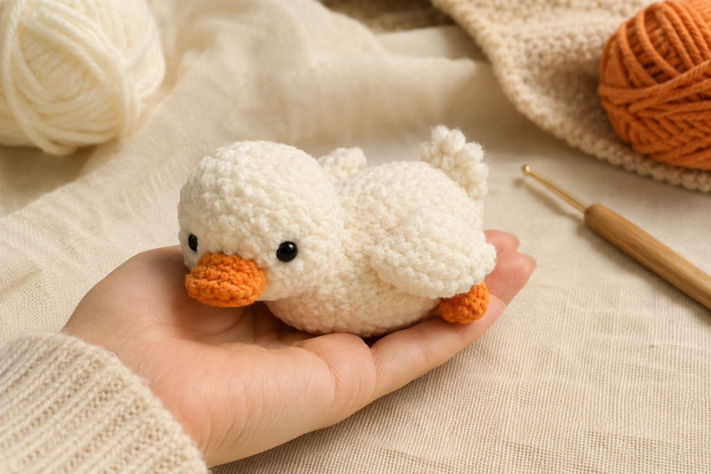 Yarn, crochet hook, stuffing and supplies for making a crochet duck