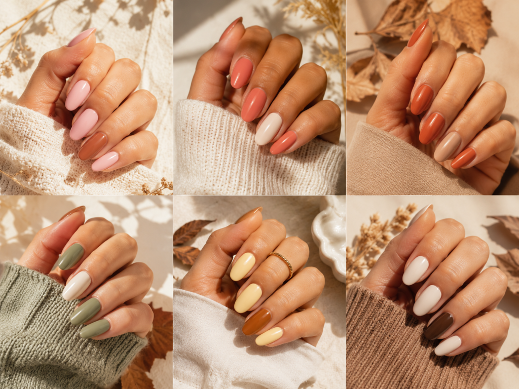 Transitional September nails combining soft summer colors with warm fall shades