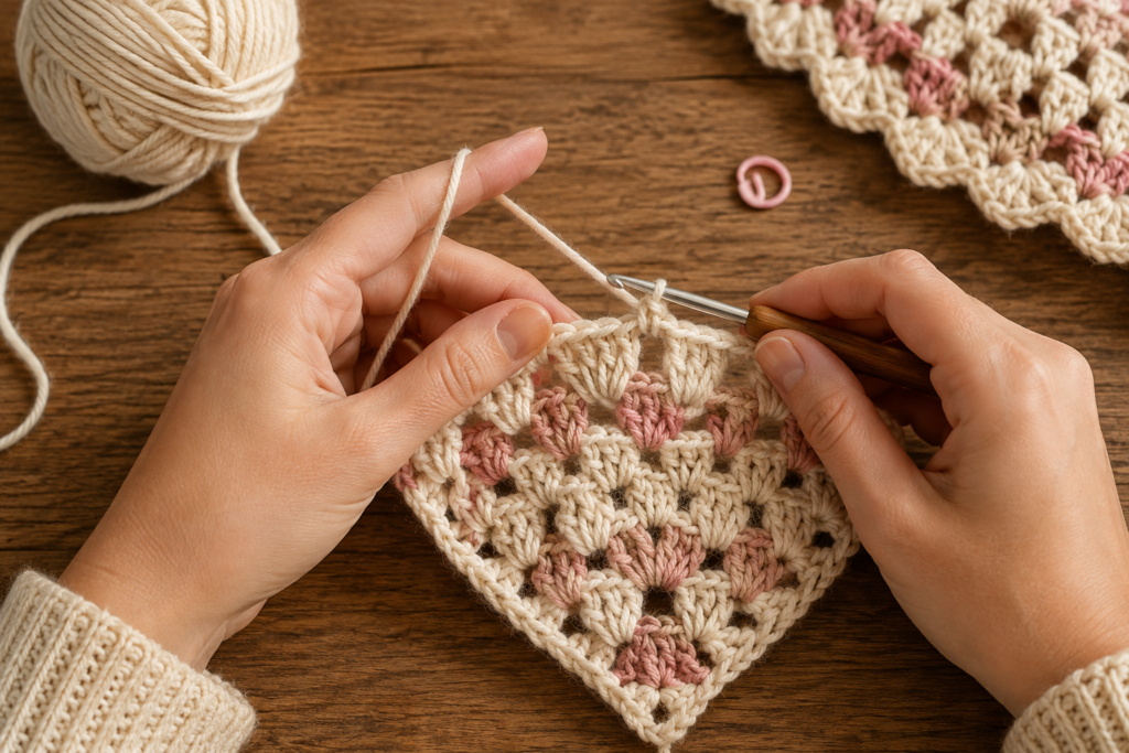 Handmade crochet triangle shawl worked in simple stitches