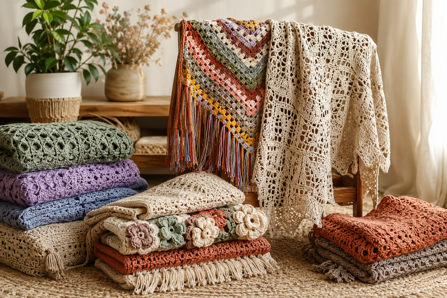 Collection of colorful handmade crochet shawls in different styles