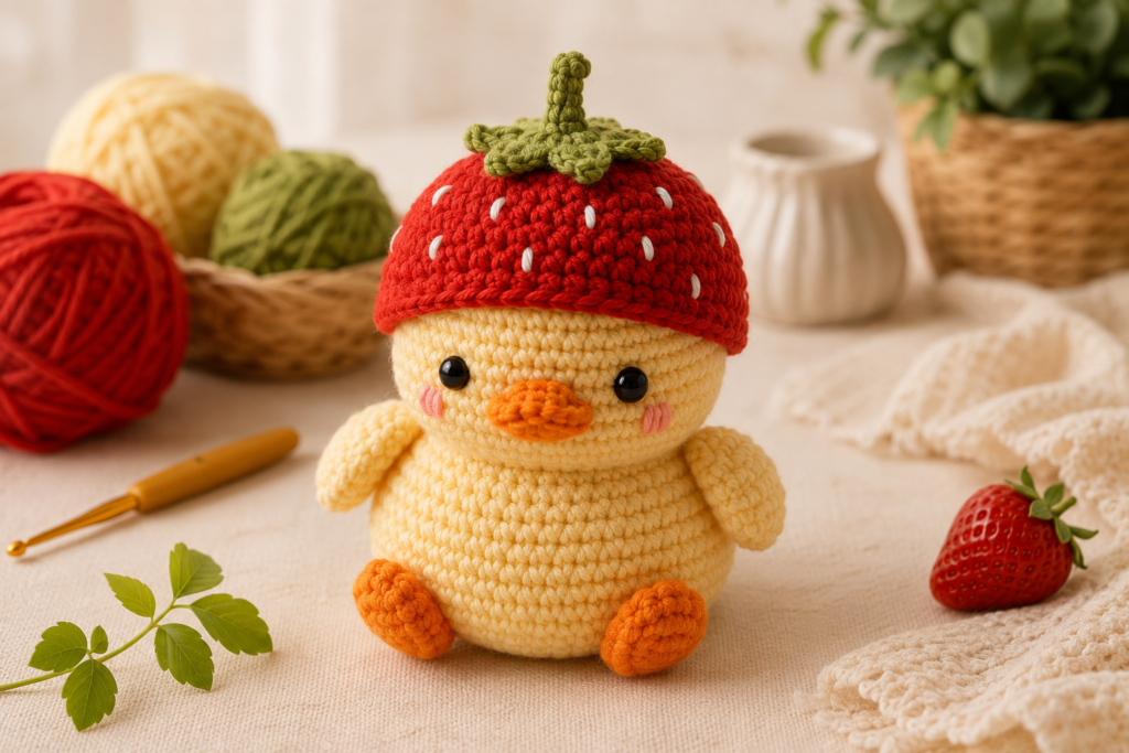 Finished handmade crochet duck wearing a strawberry hat