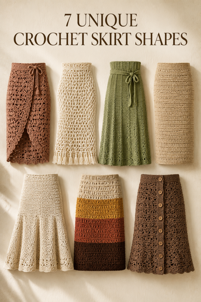 Crochet skirt styles including tulip, mesh, high-waisted, straight, godet, color-block and button-front designs