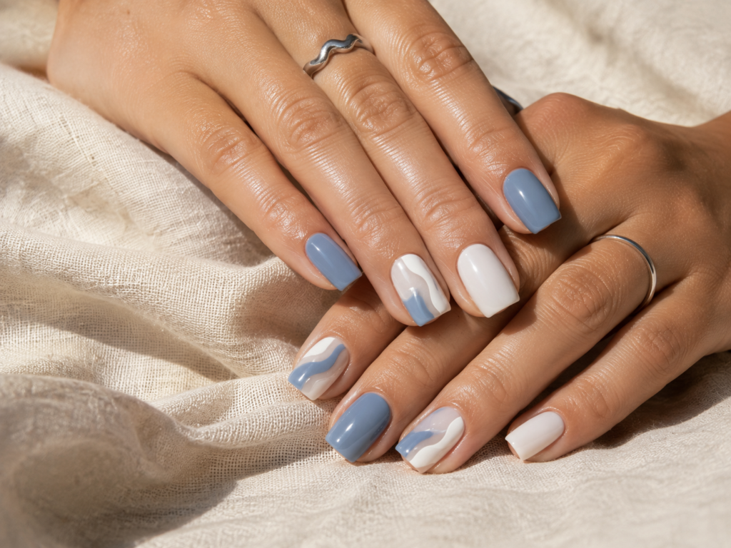 Blue and white nail design for a late-summer manicure
