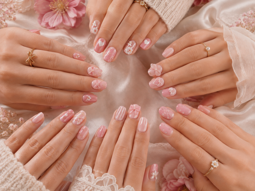 Cute pink nail art with hearts, bows, flowers, pearls and delicate details