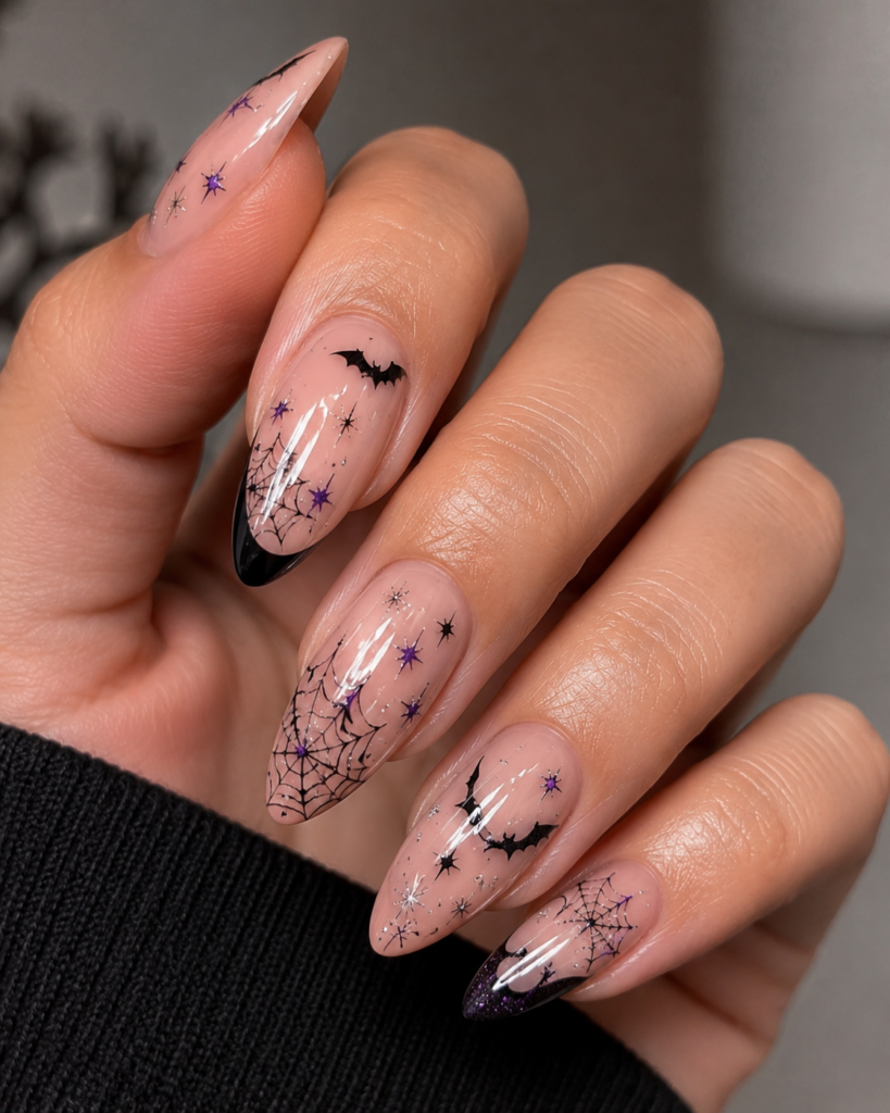 Black bat and spiderweb nail art for a spooky Halloween manicure