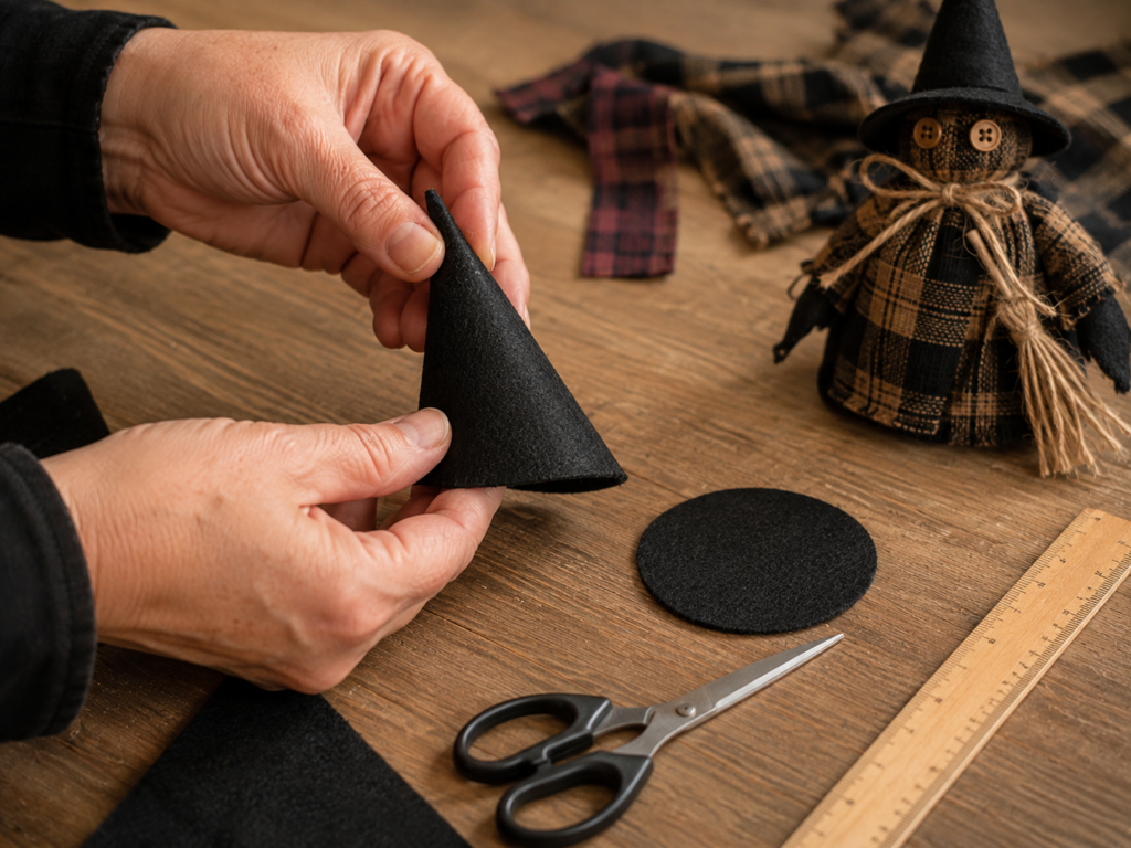Making a pointed black felt hat for a handmade fabric witch
