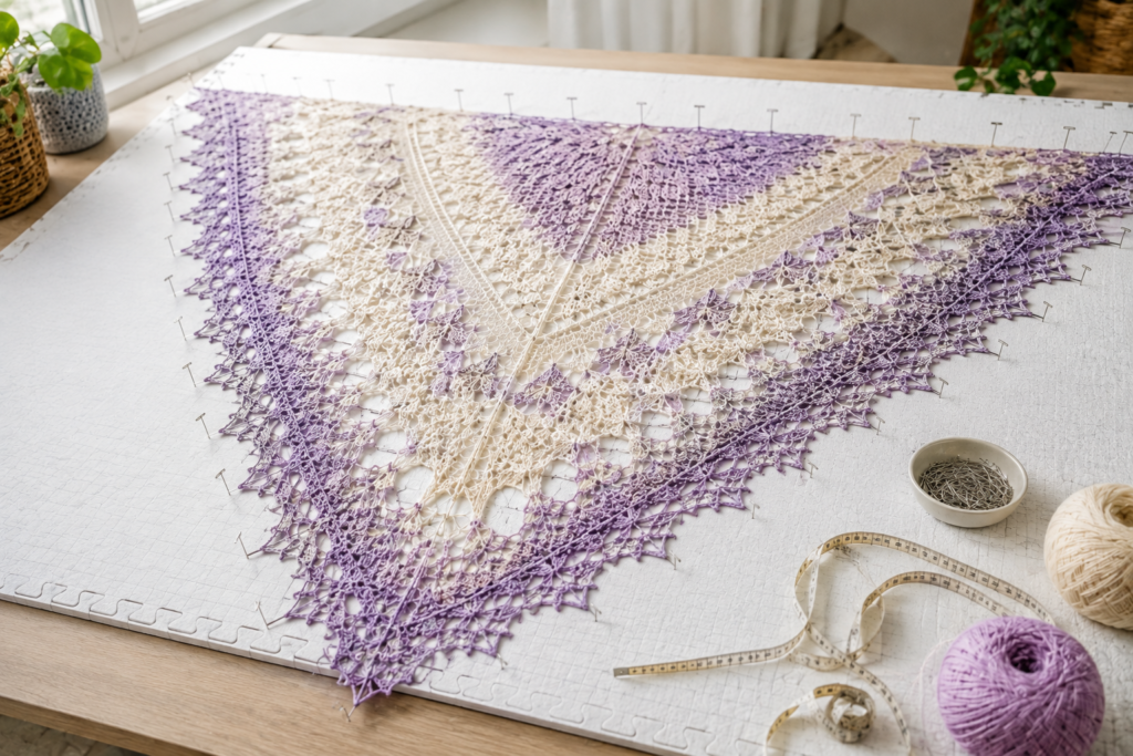 Crochet shawl being blocked to shape the edges and lace pattern