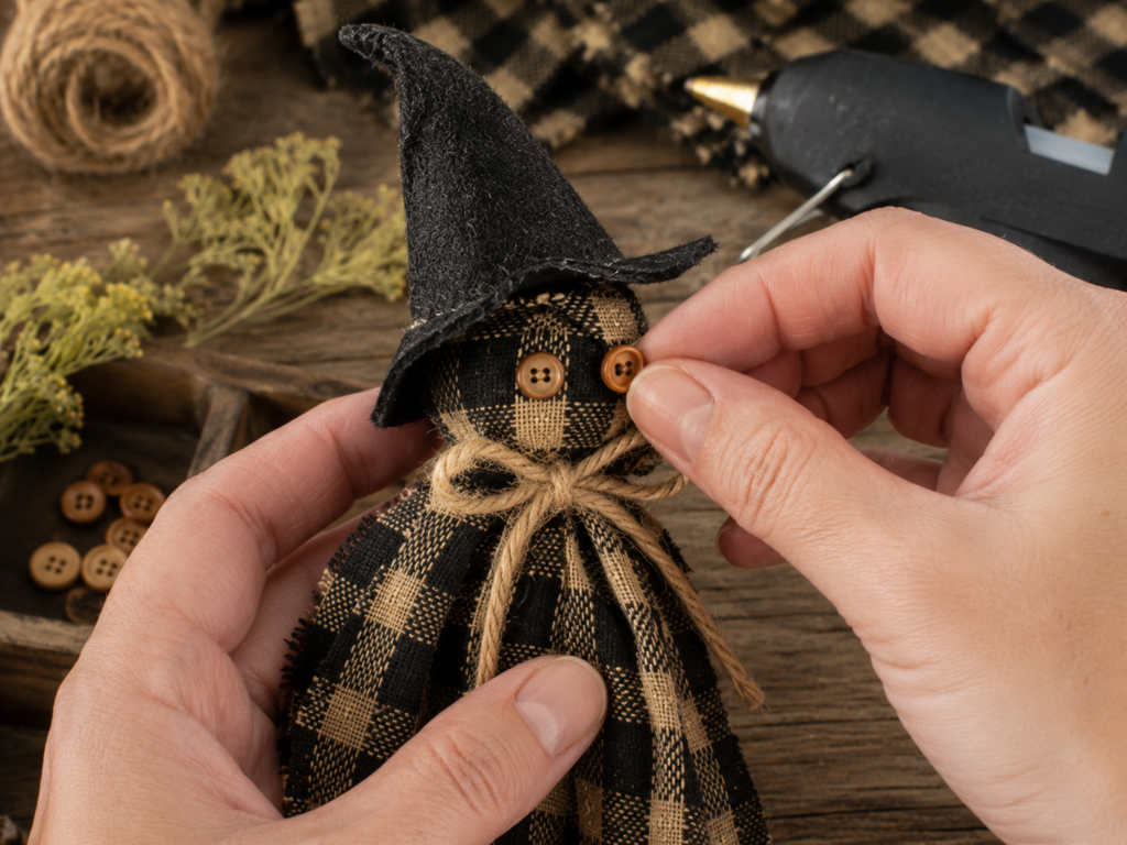 Adding button eyes and a jute bow to a homespun fabric witch