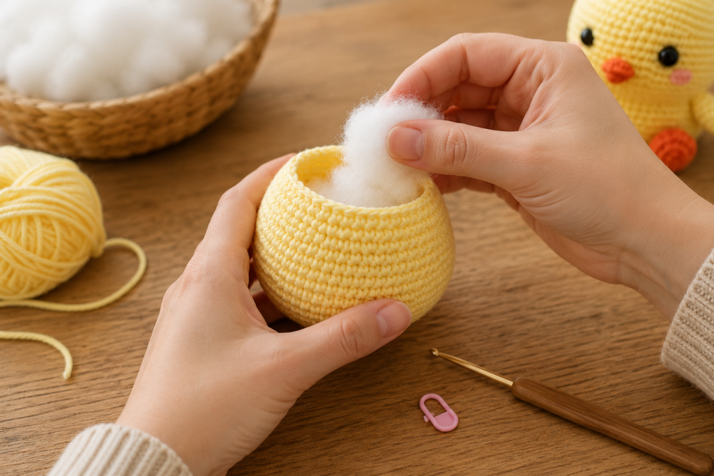 Yellow crochet duck body worked in continuous amigurumi rounds