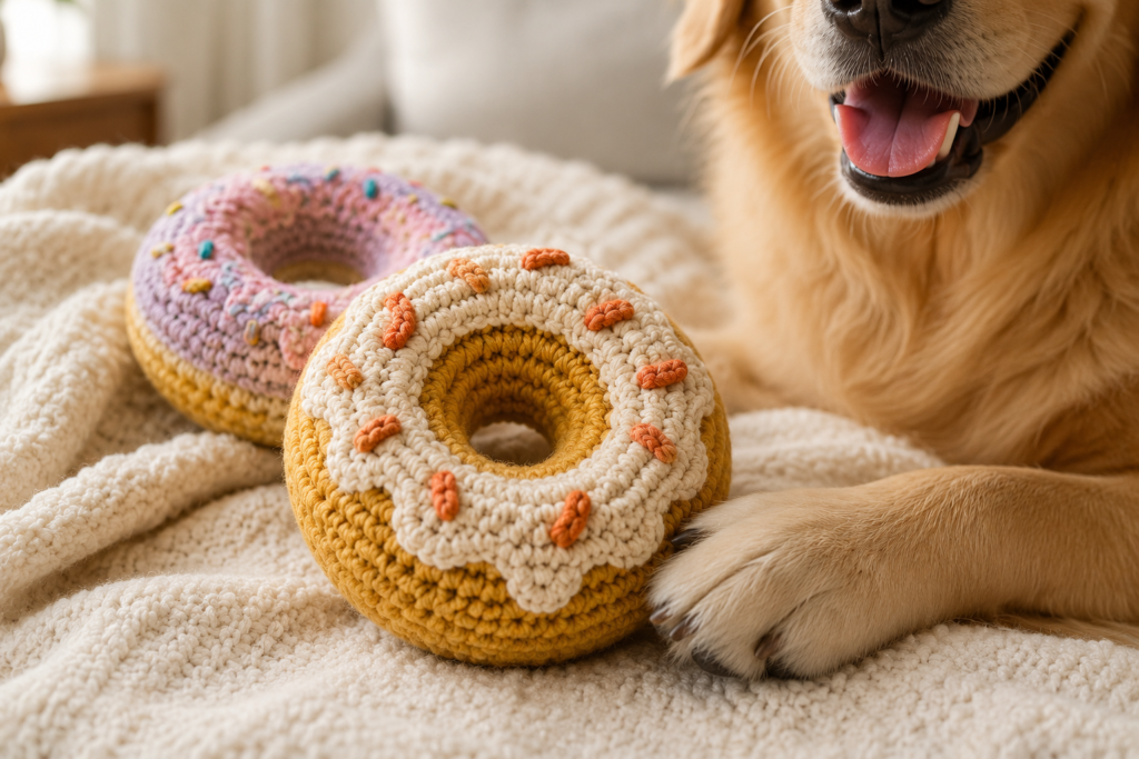 Colorful crochet donut toy made for supervised dog play