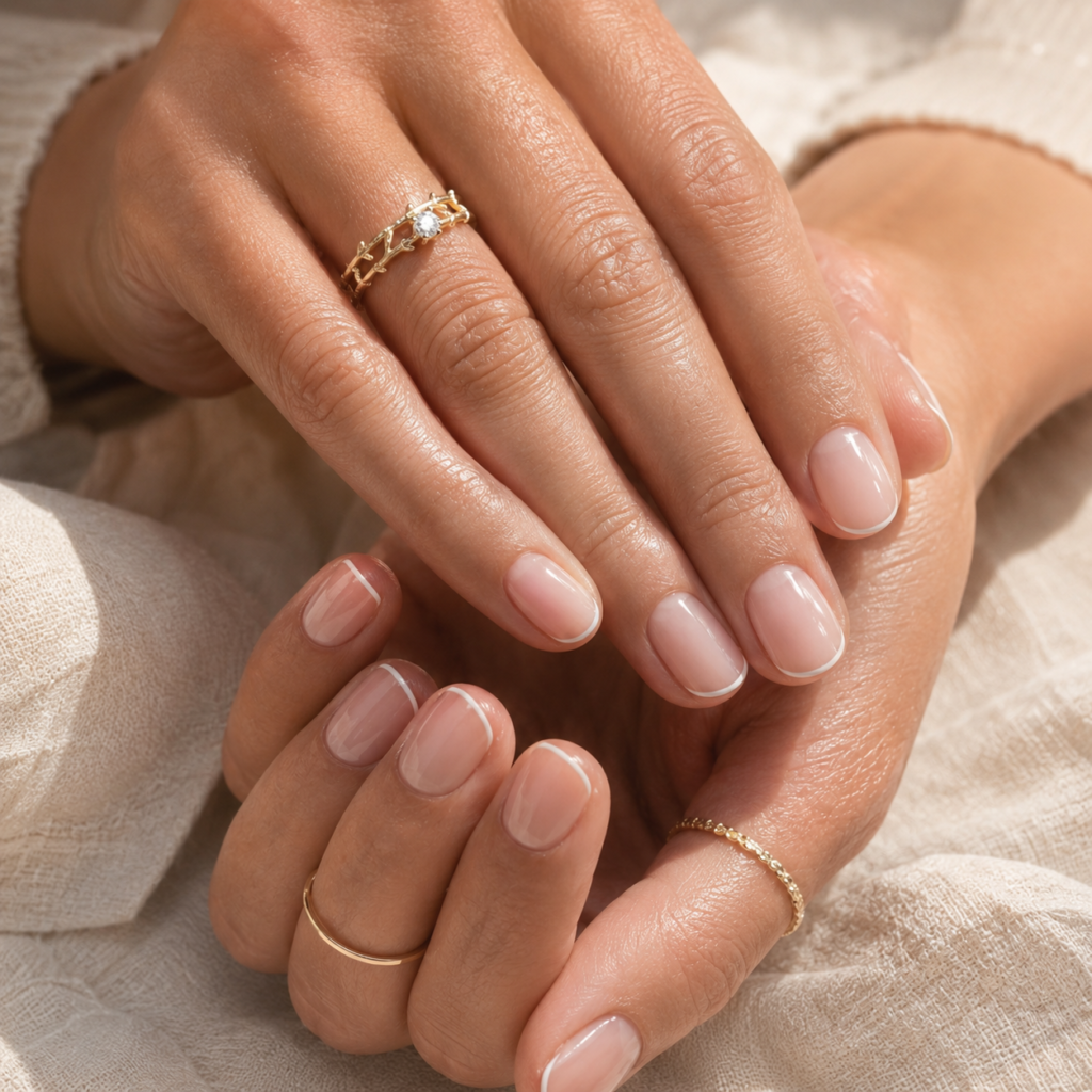 Sheer milky pink and micro French nails for women over 50