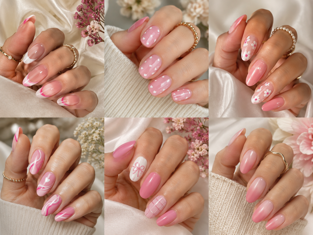 Pink and white nail designs featuring French tips, hearts, flowers and abstract details