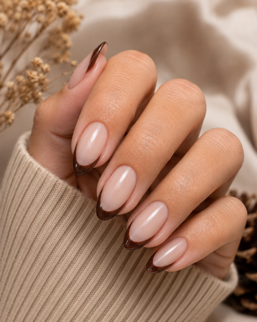 Neutral latte ombre nails in warm coffee shades