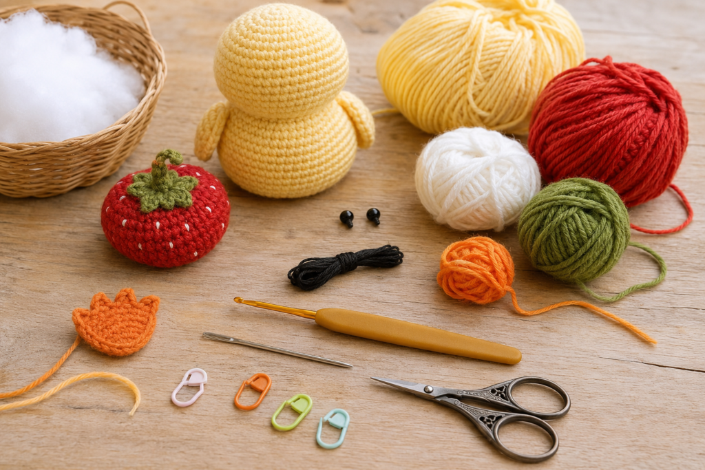 Yarn and crochet supplies for making a strawberry duck amigurumi