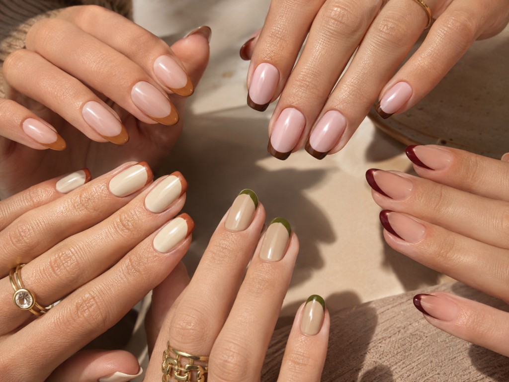 September French tip nails in caramel chocolate brown terracotta and olive green