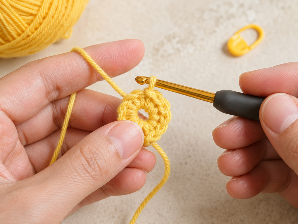 Crocheting the first round of a yellow daisy center with a magic ring