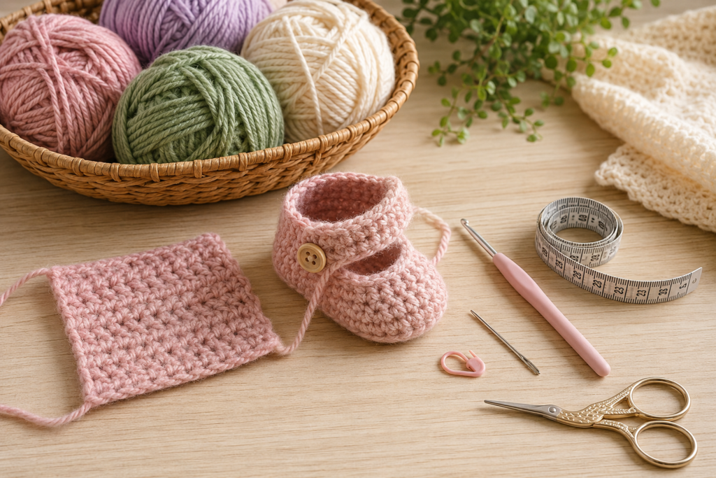 Soft yarn, crochet hook and supplies for making baby booties