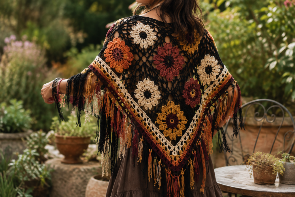 Colorful granny-inspired crochet triangle shawl with pastel stripes