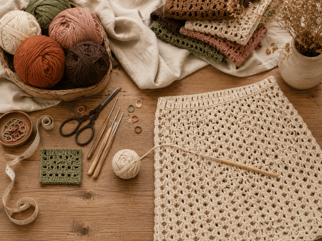Cotton yarn, crochet hooks, measuring tape and crochet fabric for making a crochet skirt