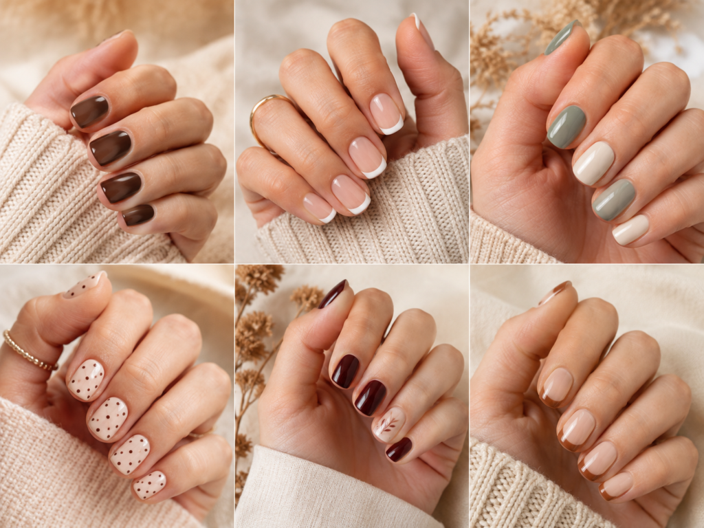 Simple September manicure ideas for short nails in brown sage cream and nude shades