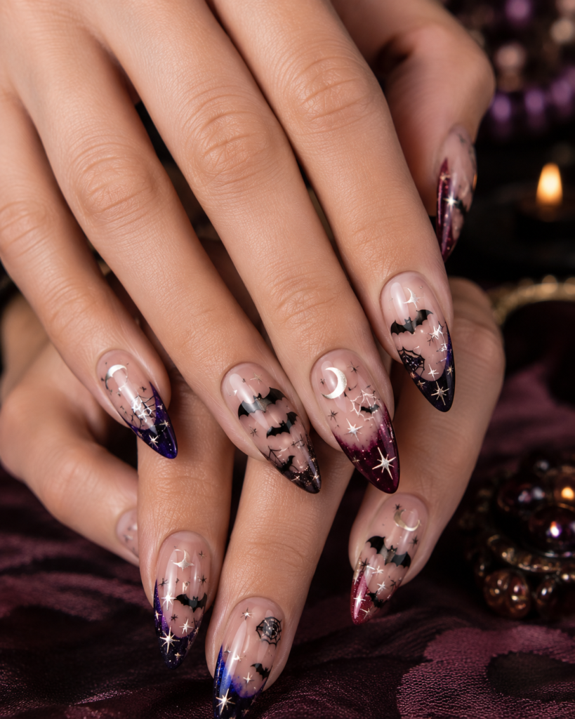 Complete Halloween manicure with bats, moons, stars, purple French tips and spiderwebs