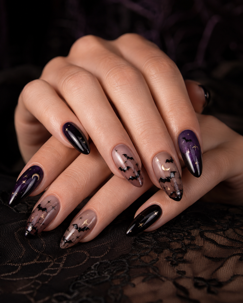 Halloween bat nail art with black bats, purple accents and spooky details
