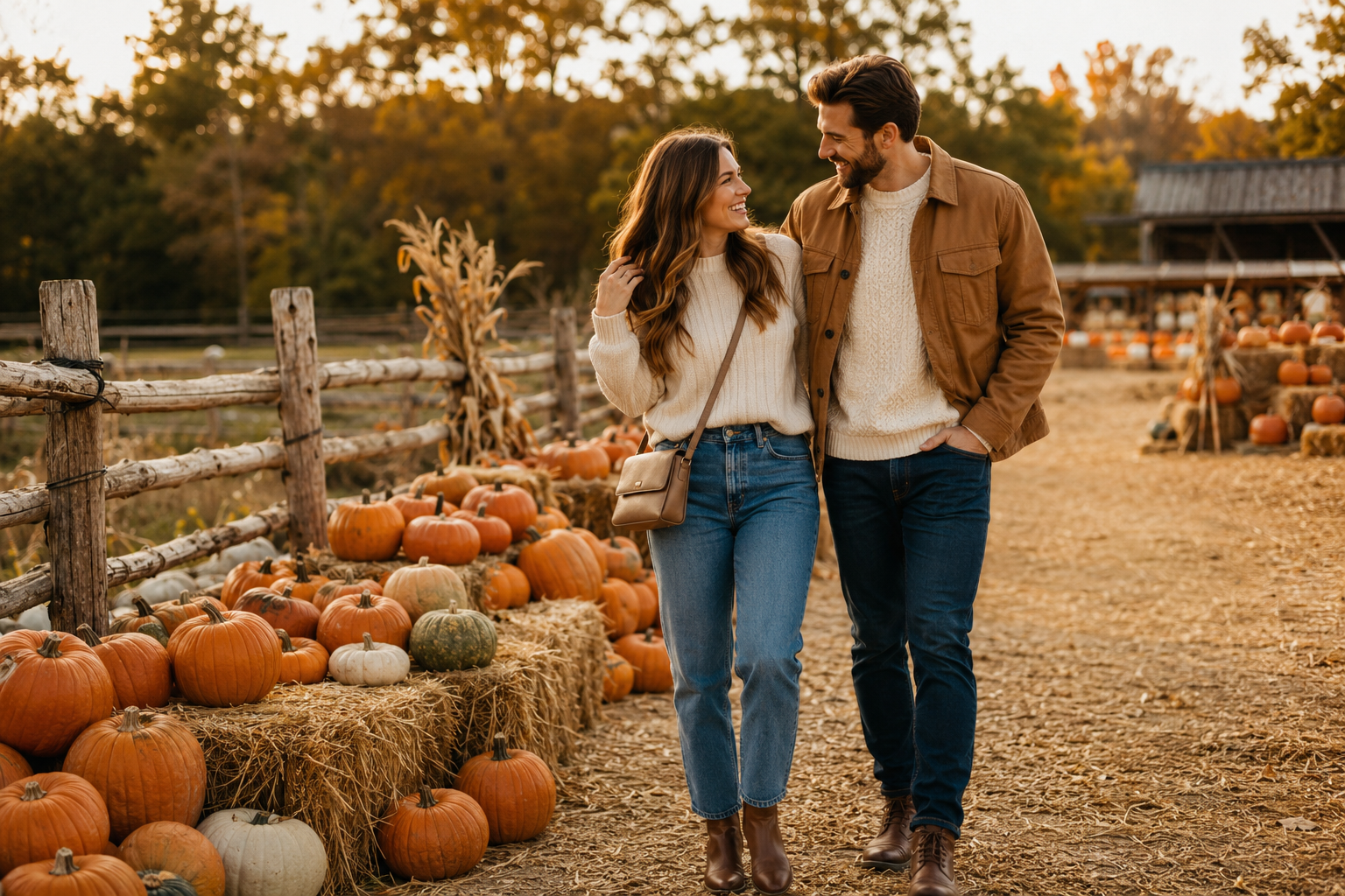 Couple wearing coordinated fall outfits at a pumpkin patch
