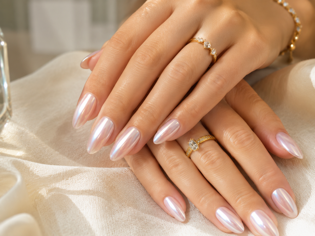 Glossy pearl chrome nails for a late-summer manicure