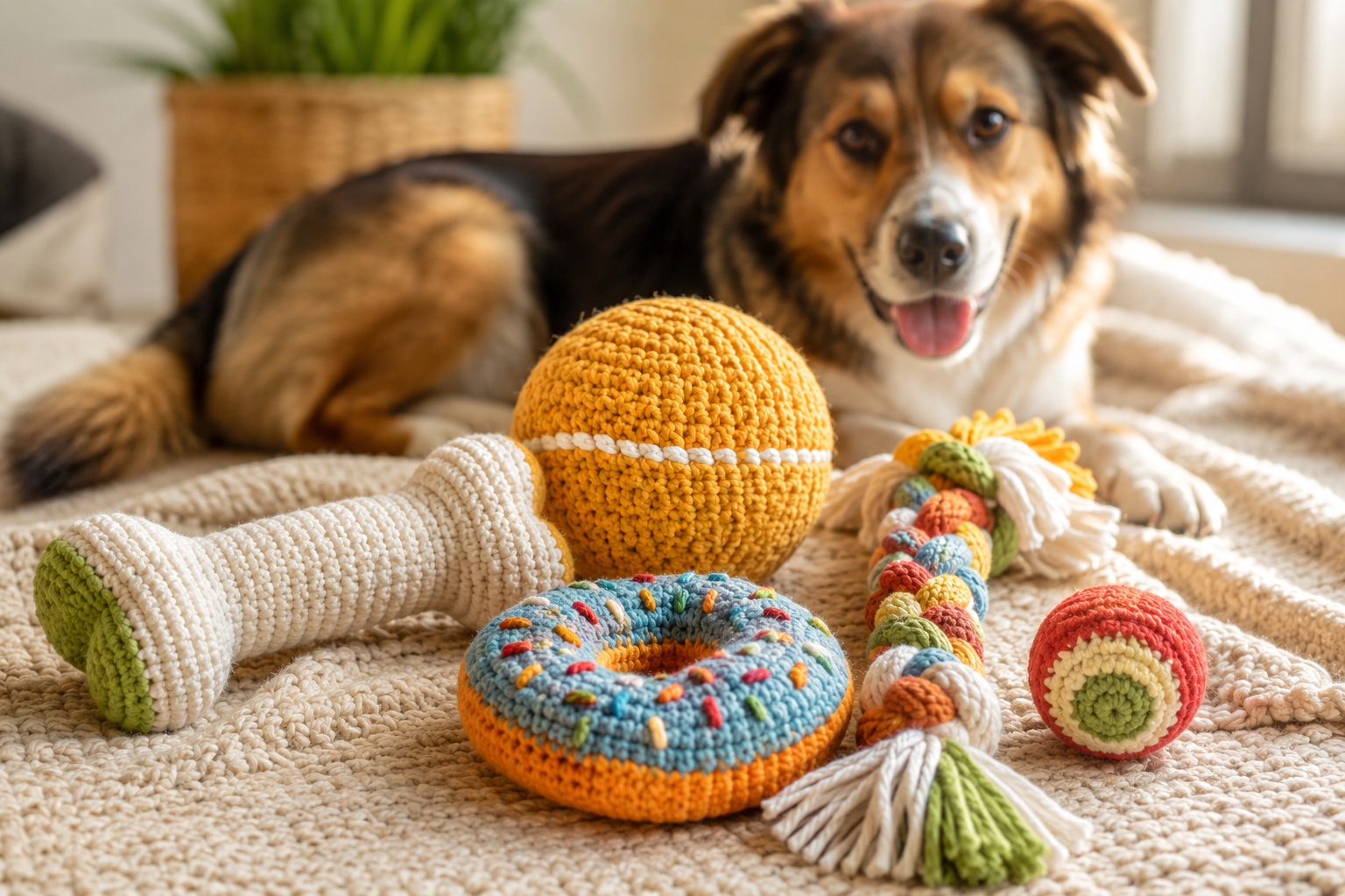 Handmade crochet dog toys including a colorful ball, bone and donut