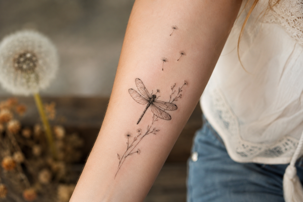 Delicate dragonfly tattoo representing transformation and new beginnings