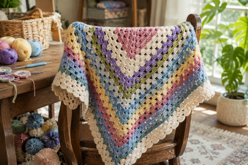 Crochet triangle shawl being worked from the center point