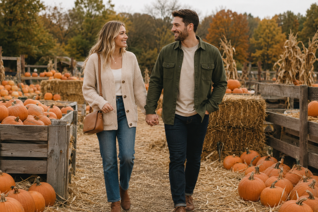 Couple wearing complementary autumn outfits without matching exactly