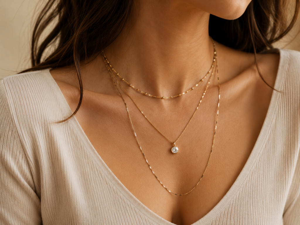 Three layered necklaces with different lengths styled over a simple neckline