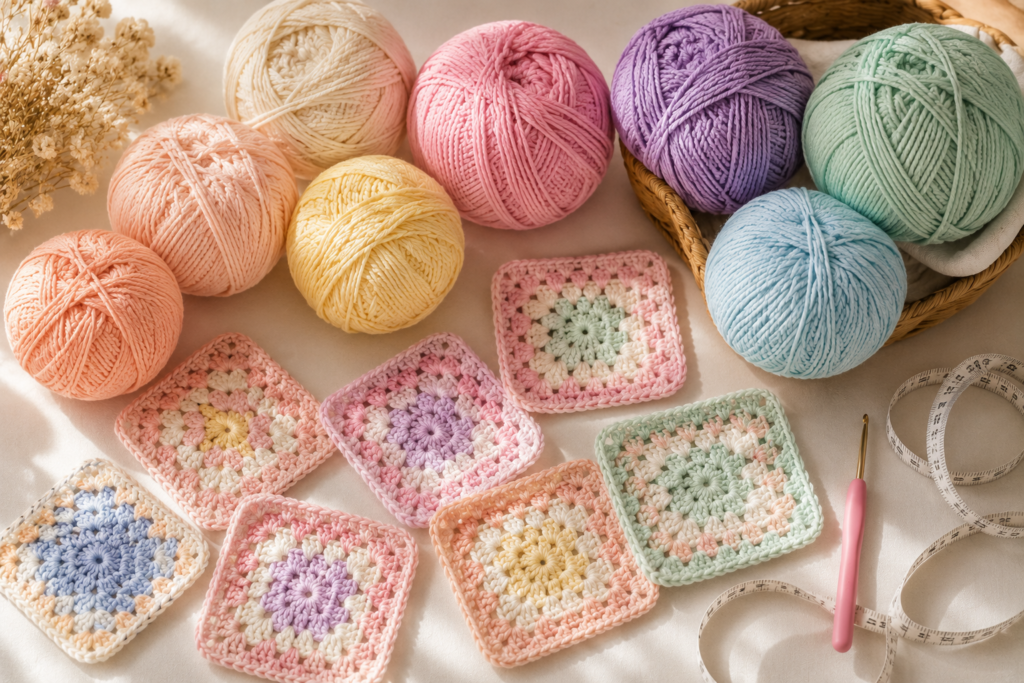 Handmade crochet baby cardigan being assembled with colorful yarn