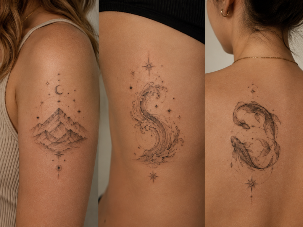 Capricorn Aquarius and Pisces zodiac tattoo inspiration with mountains waves and fish