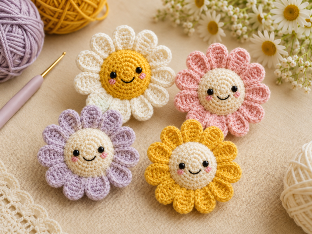 Crochet daisies in yellow, pink, lavender and cream color combinations