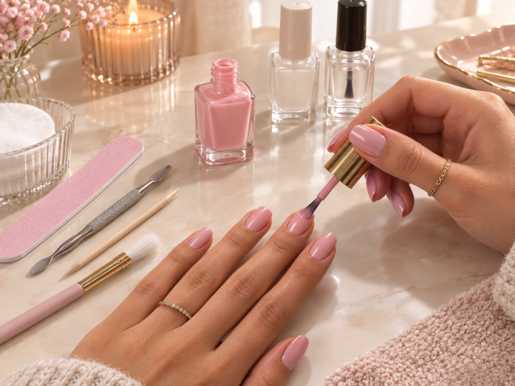 Easy pink manicure tutorial with nail polish and manicure tools at home