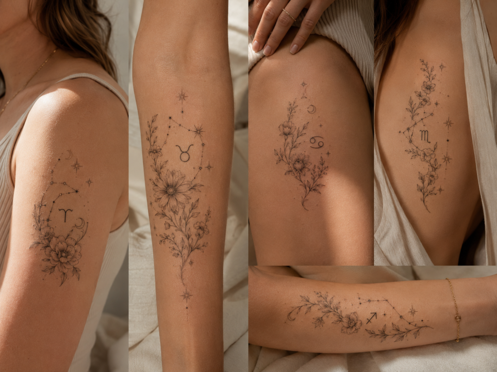 Feminine botanical zodiac tattoo ideas with flowers stars and fine-line details