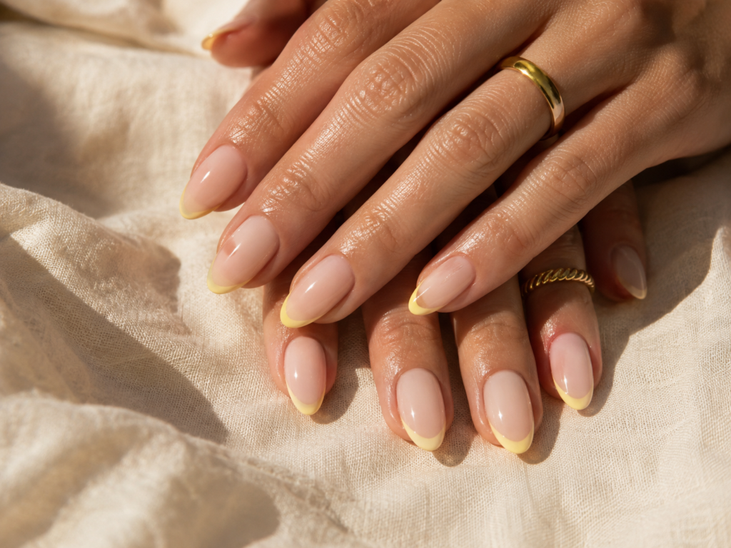 Butter yellow French tip nails with a delicate late-summer manicure