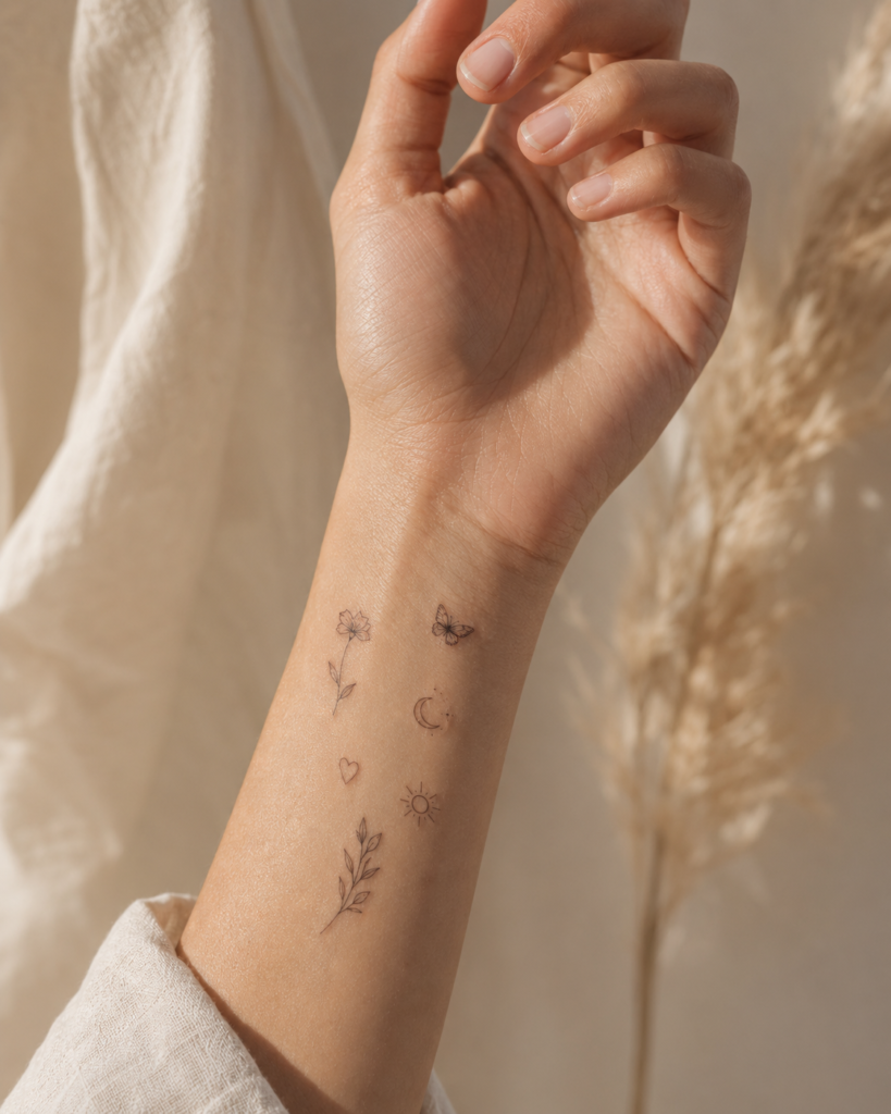 Small fine-line wrist tattoo ideas with feminine minimalist designs