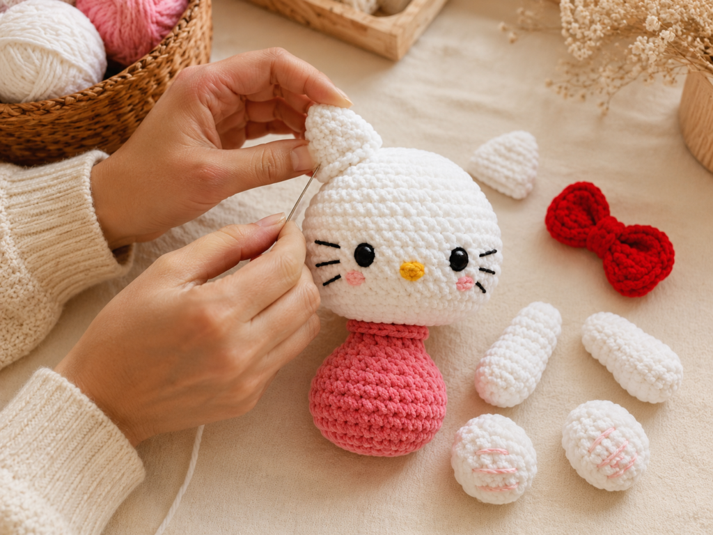 Crochet kitty plush pieces being sewn together during assembly