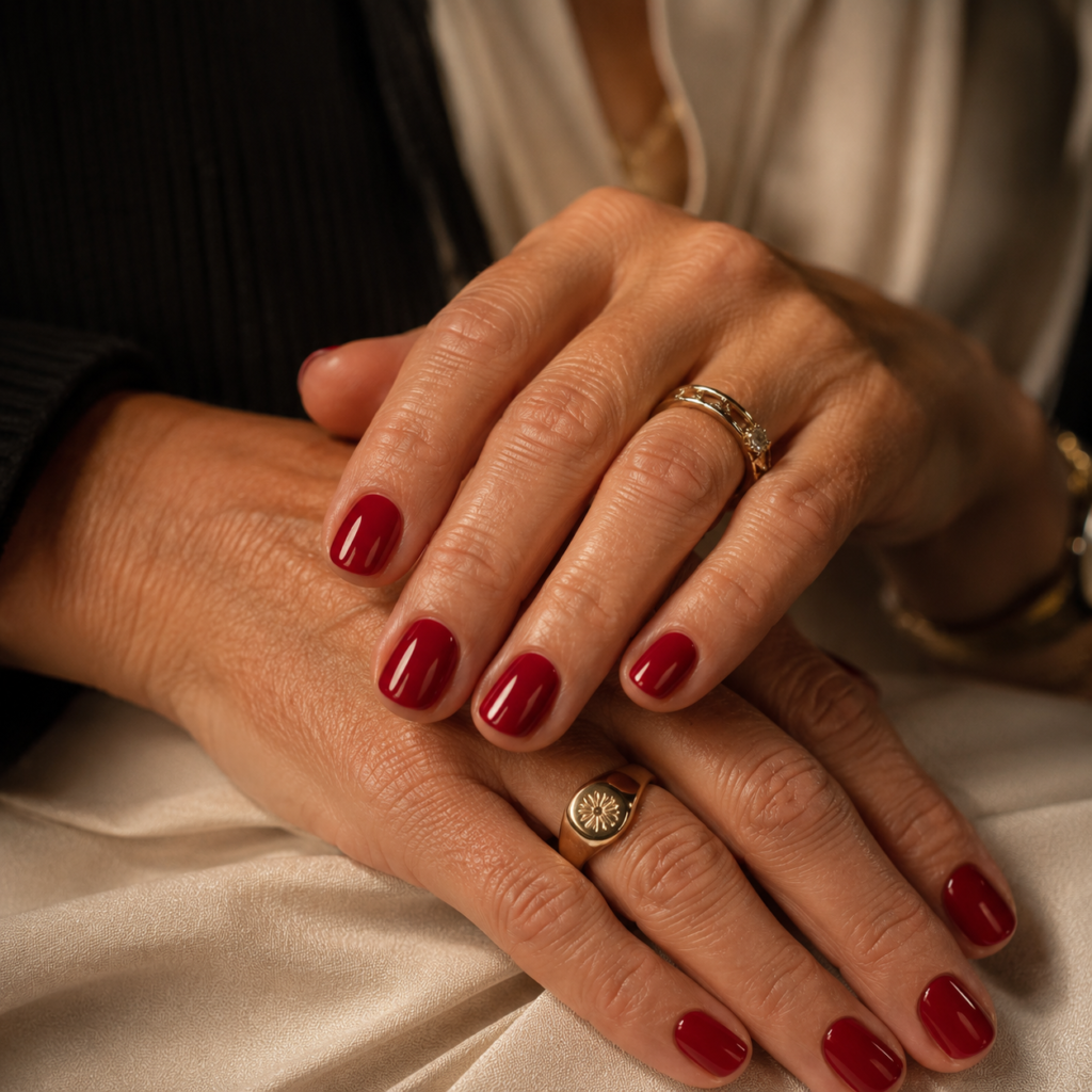 Classic short red nails with a sophisticated glossy finish