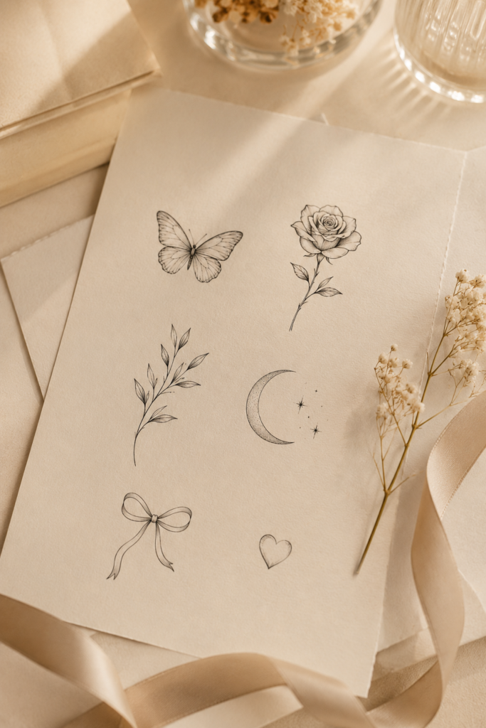 Elegant feminine tattoo inspiration featuring delicate floral, butterfly, moon and fine-line designs