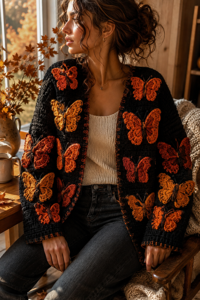 Black and orange crochet butterfly cardigan for fall