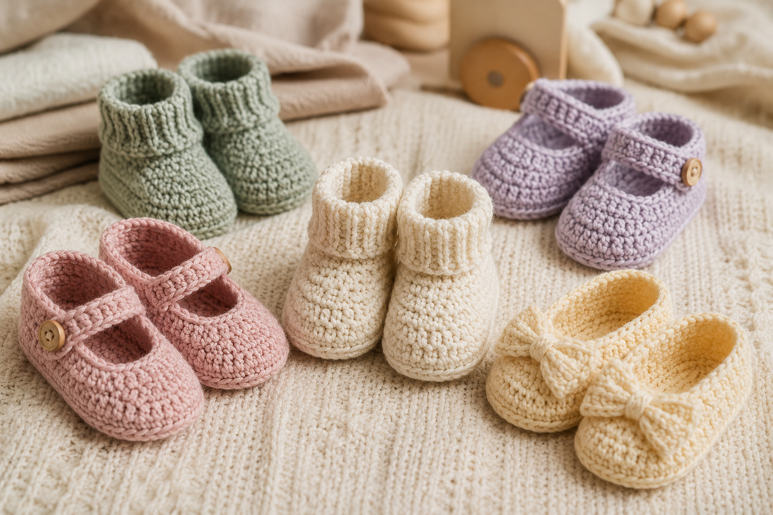 Five handmade crochet baby booties in soft pastel colors