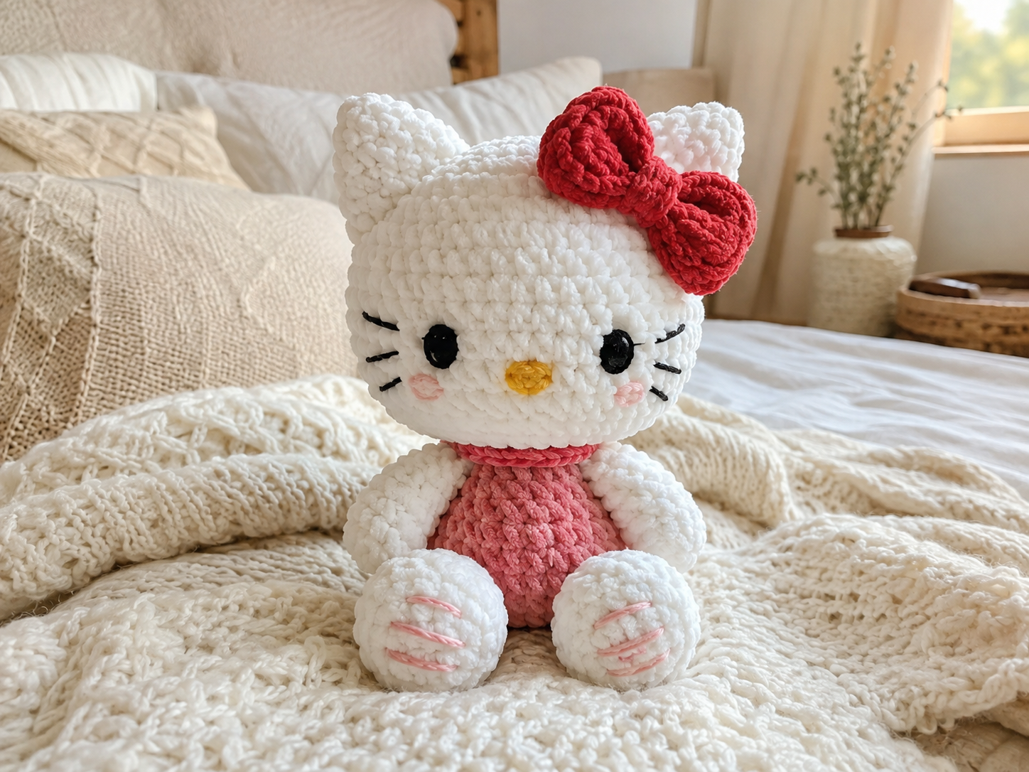 Cute handmade crochet kitty plush with a red bow