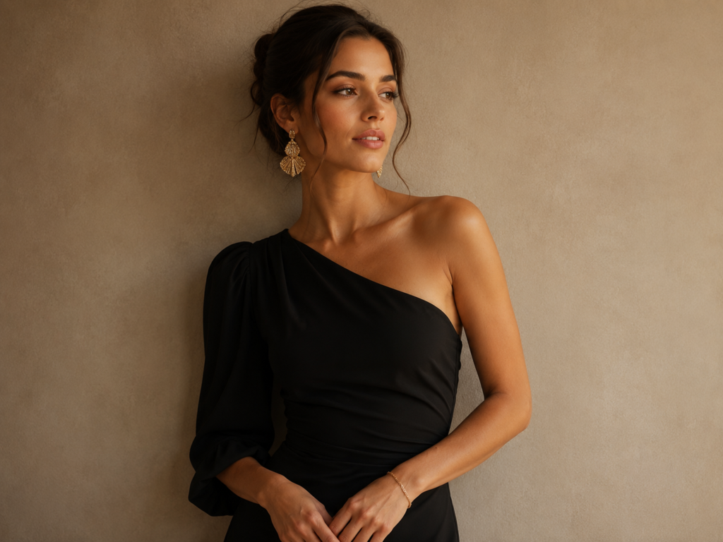 Elegant one shoulder outfit styled with statement earrings instead of a necklace