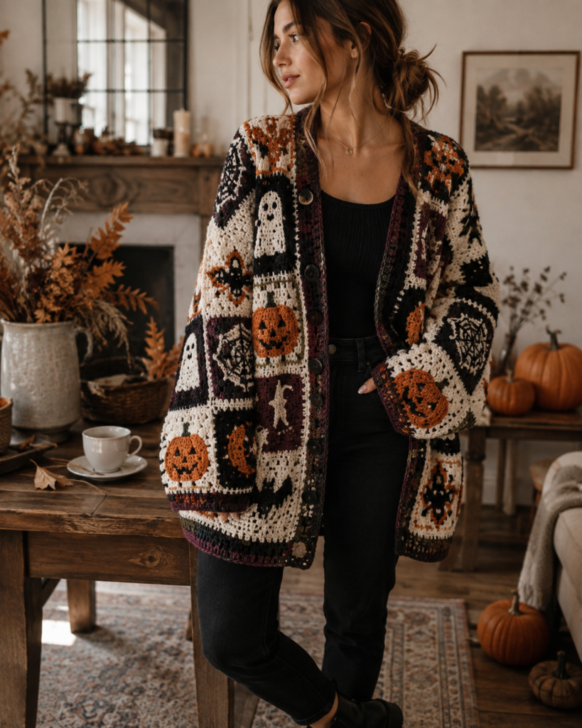 Halloween granny square crochet cardigan with pumpkins, ghosts and bats